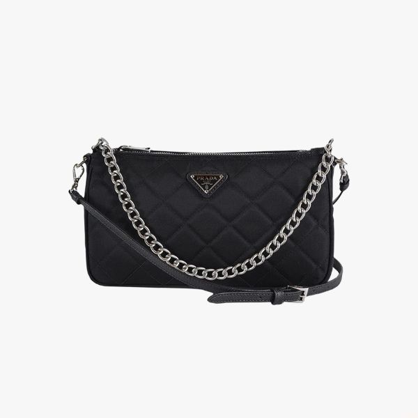 PR QUILTED TESSUTO NYLON CHAIN CONVERTIBLE SHOULDER BAG BLACK