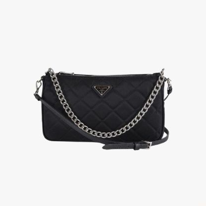 PR QUILTED TESSUTO NYLON CHAIN CONVERTIBLE SHOULDER BAG BLACK