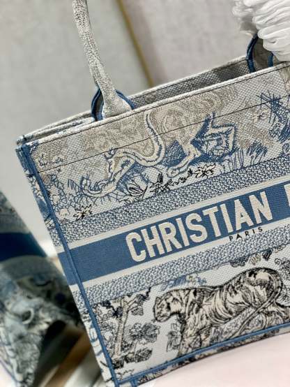 DI Medium Book Tote Blue Toile de Jouy Reverse Embroidery, Blue, For Women Women’s Handbags, Shoulder Bags, 36cm CD M1296ZRGO_M928