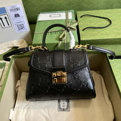 gg Small gg Top Handle Bag Black Debossed For Women 11in/29cm gg 675791 UD9AG 1000