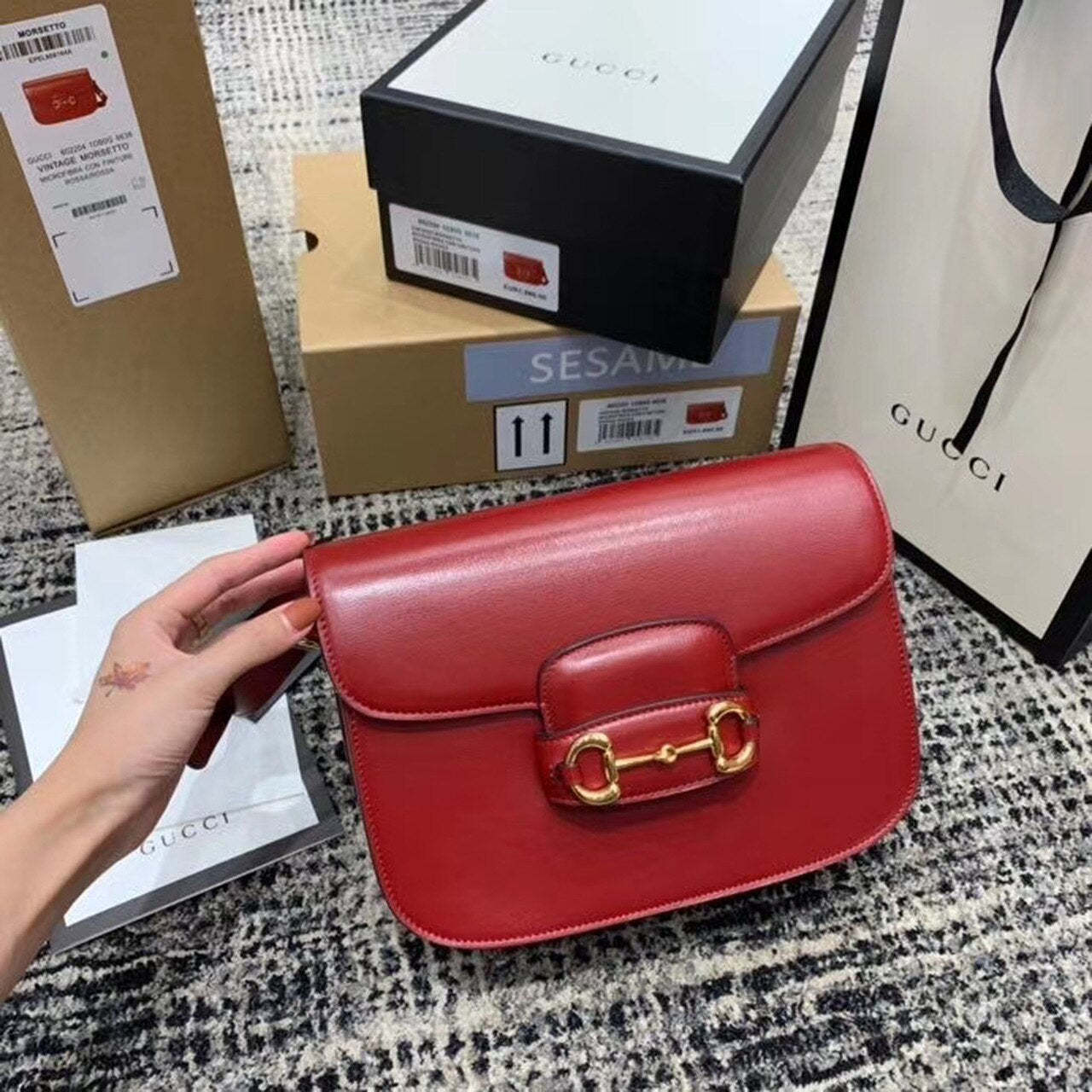 gg Horsebit 1955 Shoulder Bag Red Textured With A Vintage Effect For Women 9.8in/25cm gg ‎602204 1DB0G 6638