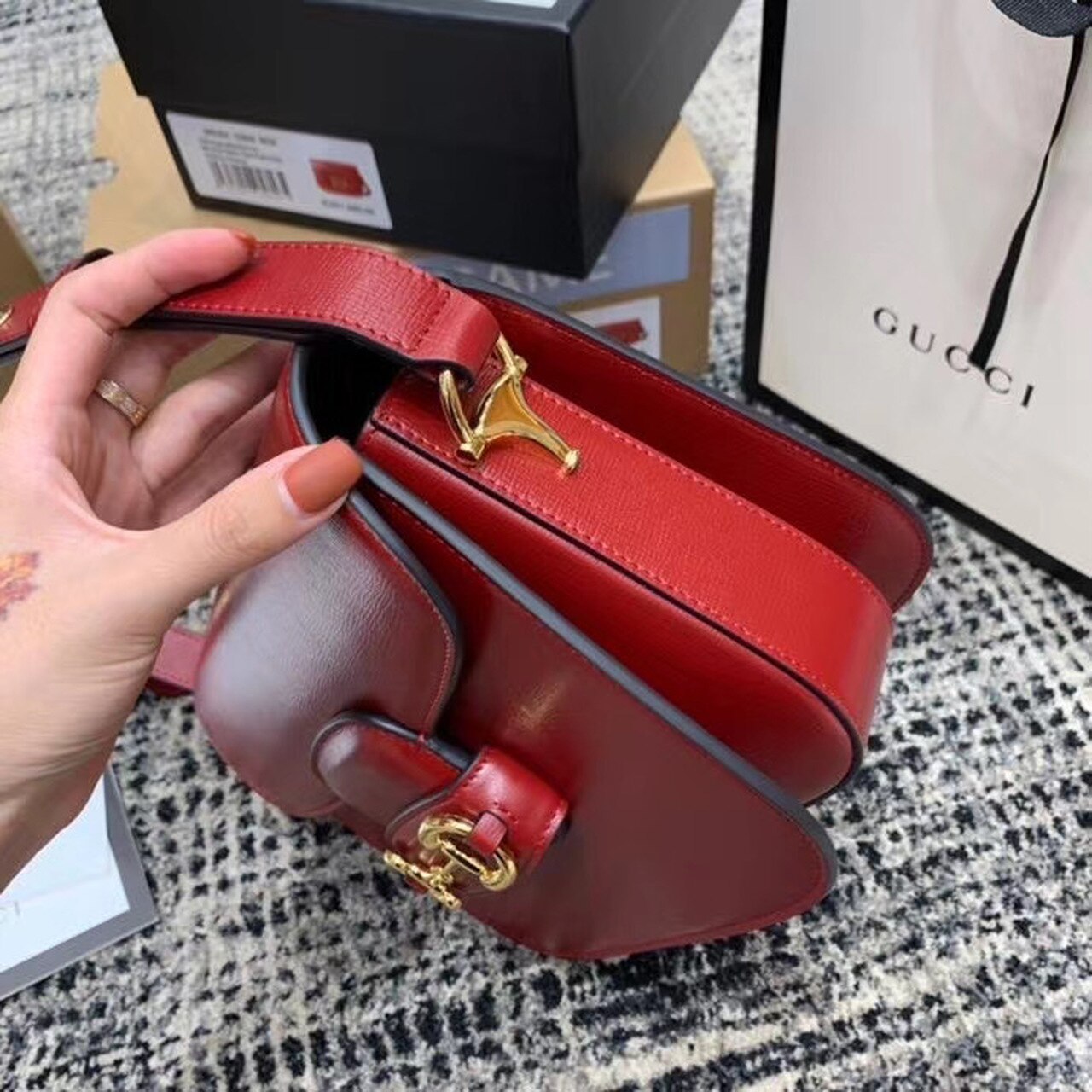 gg Horsebit 1955 Shoulder Bag Red Textured With A Vintage Effect For Women 9.8in/25cm gg ‎602204 1DB0G 6638