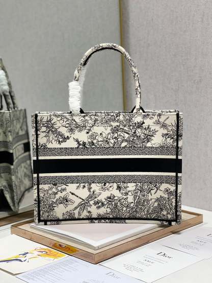 DI Medium Book Tote Blue Toile de Jouy Flowers Embroidery, Blue/White, For Women Women’s Handbags, Shoulder Bags, 36cm CD