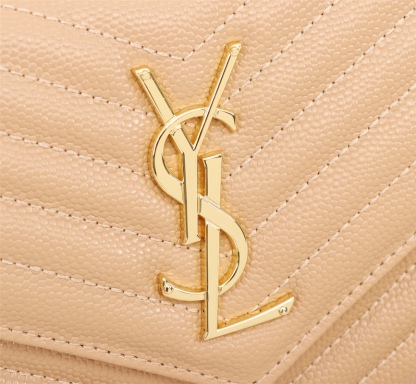 YSL CASSANDRE MATELASSÉ CHAIN WALLET IN GRAIN DE POUDRE EMBOSSED BEIGE 22CM 377828BOW012721