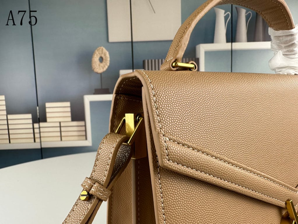 SAINT LAURENT CASSANDRA MEDIUM TOP HANDLE IN GRAIN DE POUDRE EMBOSSED DARK BEIGE 24CM