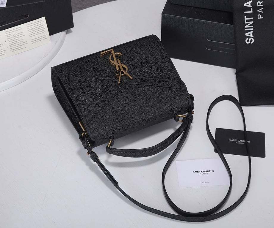 SAINT LAURENT CASSANDRA MINI TOP HANDLE BAG IN GRAIN DE POUDRE EMBOSSED BLACK GOLD 20CM