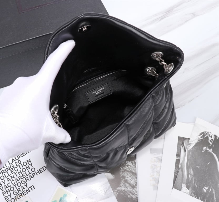 SAINT LAURENT PUFFER SMALL CHAIN BAG IN QUILTED LAMBSKIN BLACK SILVER