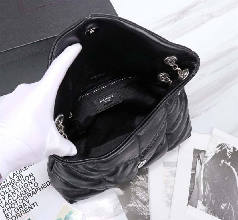 SAINT LAURENT PUFFER SMALL CHAIN BAG IN QUILTED LAMBSKIN BLACK SILVER