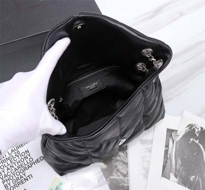SAINT LAURENT PUFFER SMALL CHAIN BAG IN QUILTED LAMBSKIN BLACK SILVER