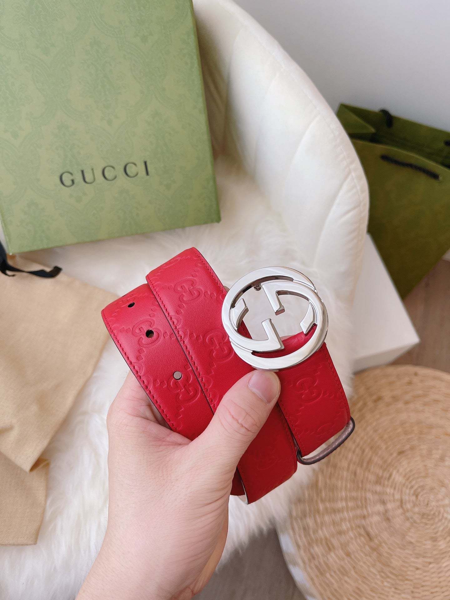 GG CALFSKIN MONOGRAM RED BELT SILVER METAL 3.5CM
