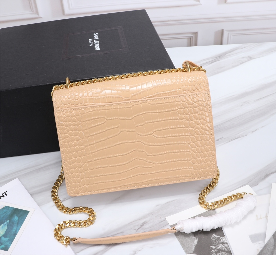 YSL SUNSET MEDIUM CHAIN BAG IN CROCODILE EMBOSSED SHINY APRICOT 22CM 442906DND0N9207