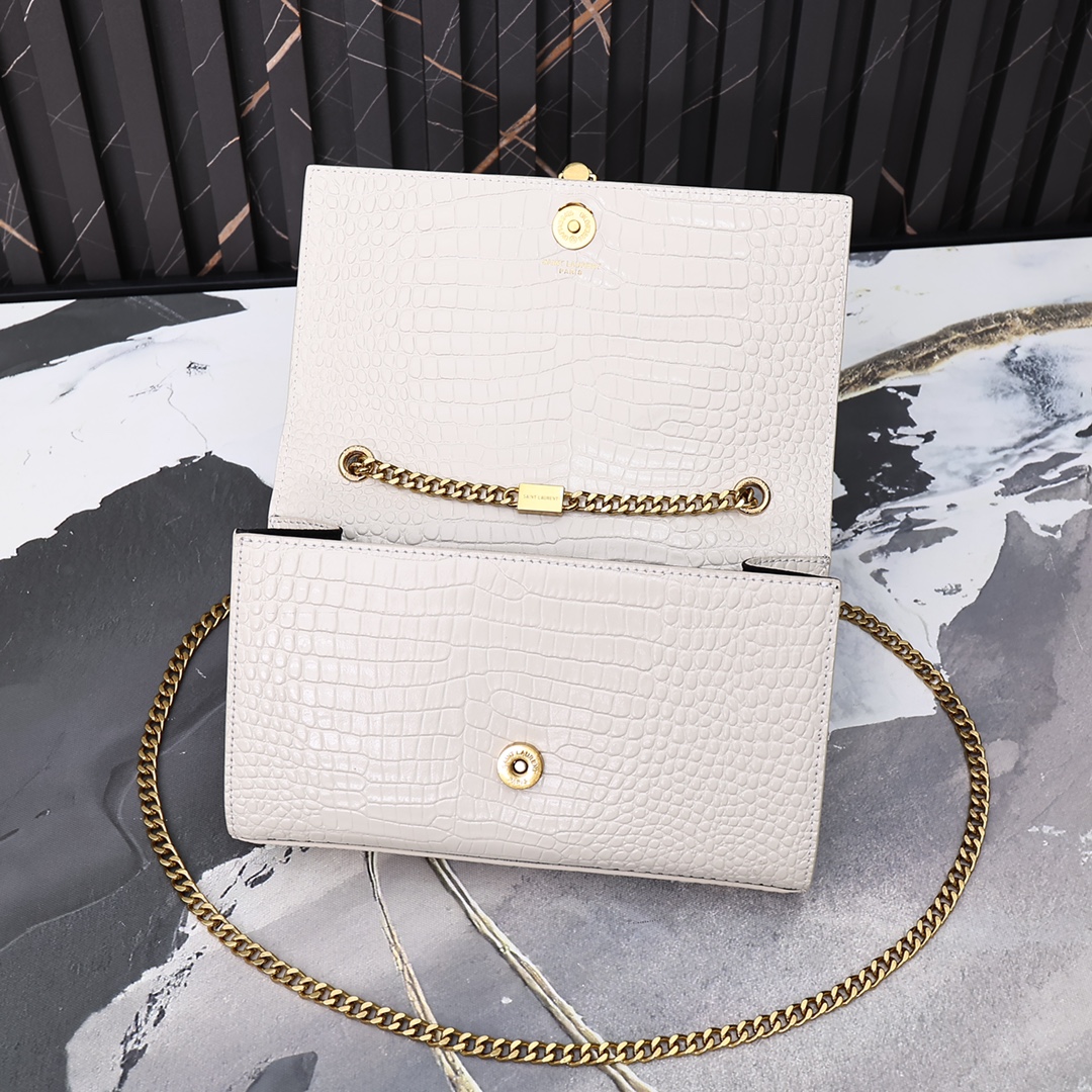 YSL KATE MEDIUM CHAIN BAG WITH TASSEL IN CROCODILE-EMBOSSED SHINY WHITE 354119DND0J9207