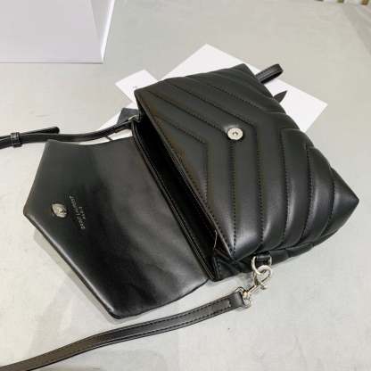 SAINT LAURENT LOULOU TOY STRAP BAG IN QUILTED Y LEATHER BLACK 20CM