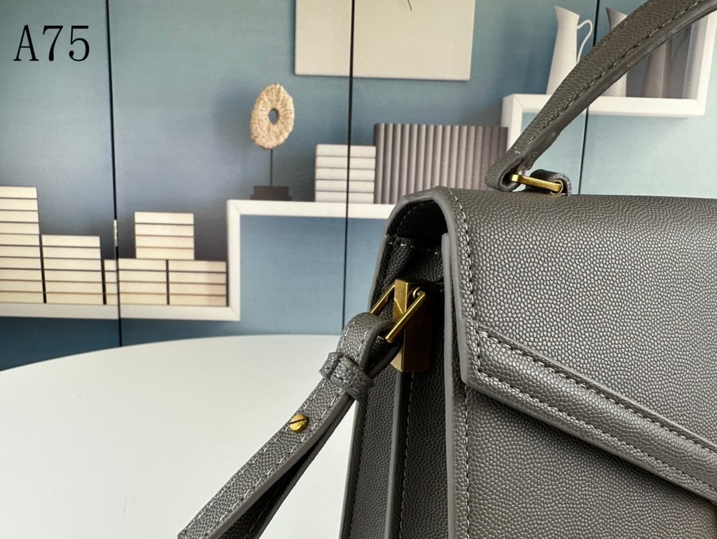 SAINT LAURENT CASSANDRA MEDIUM TOP HANDLE IN GRAIN DE POUDRE EMBOSSED FOG LEATHER 24CM