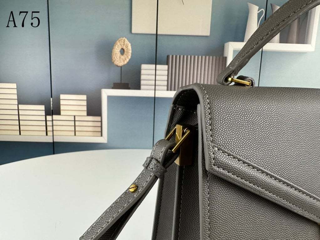 SAINT LAURENT CASSANDRA MEDIUM TOP HANDLE IN GRAIN DE POUDRE EMBOSSED FOG LEATHER 24CM