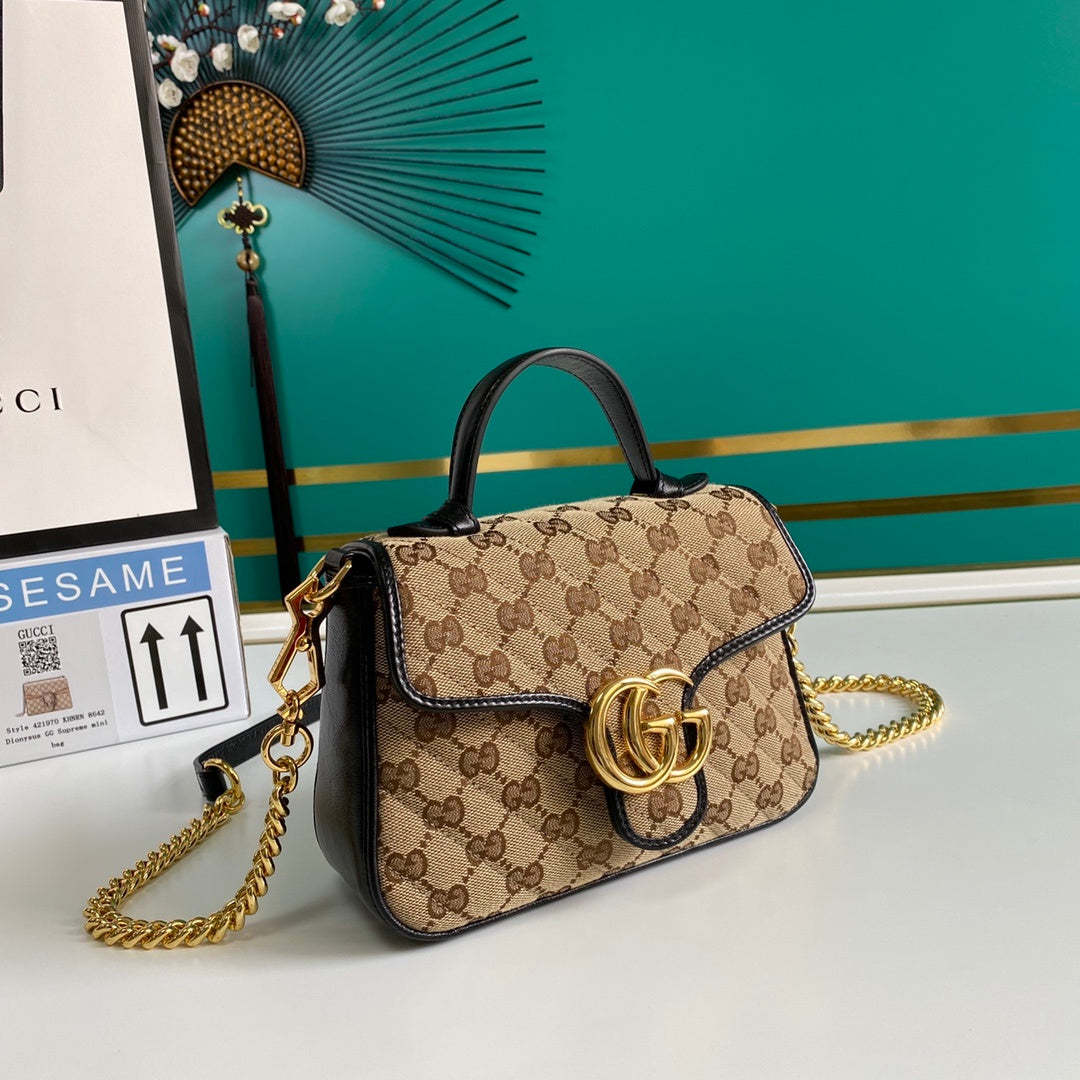 gg Ladies gg Canvas Marmont Mini Top Handle Bag Beige/Ebony Diagonal Matelassé Original gg Canvas 8.3in/21cm gg 583571 HVKEG 9772