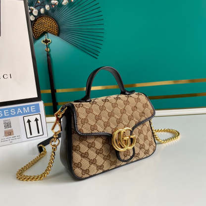 gg Ladies gg Canvas Marmont Mini Top Handle Bag Beige/Ebony Diagonal Matelassé Original gg Canvas 8.3in/21cm gg 583571 HVKEG 9772