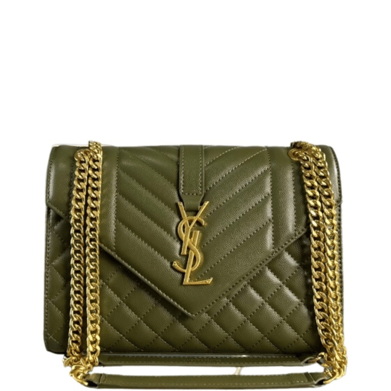 SAINT LAURENT ENVELOPE MEDIUM CHAIN BAG IN SUPPLE MATELASSE LEATHER GREEN GOLD 24CM