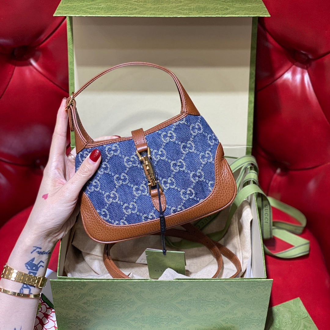 gg Jackie 1961 Mini Shoulder Bag Dark Blue And Ivory Eco Washed Organic gg Jacquard Denim For Women 7.5in/19cm gg 637092 2KQgg 8375