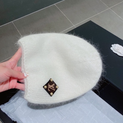 LV WOOL BEANIE WITH MONOGRAM CANVAS &amp; LEATHER TAG WHITE