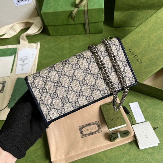 gg Horsebit 1955 Wallet With Chain Beige And Blue For Women 7.5in/19cm gg