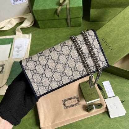 gg Horsebit 1955 Wallet With Chain Beige And Blue For Women 7.5in/19cm gg