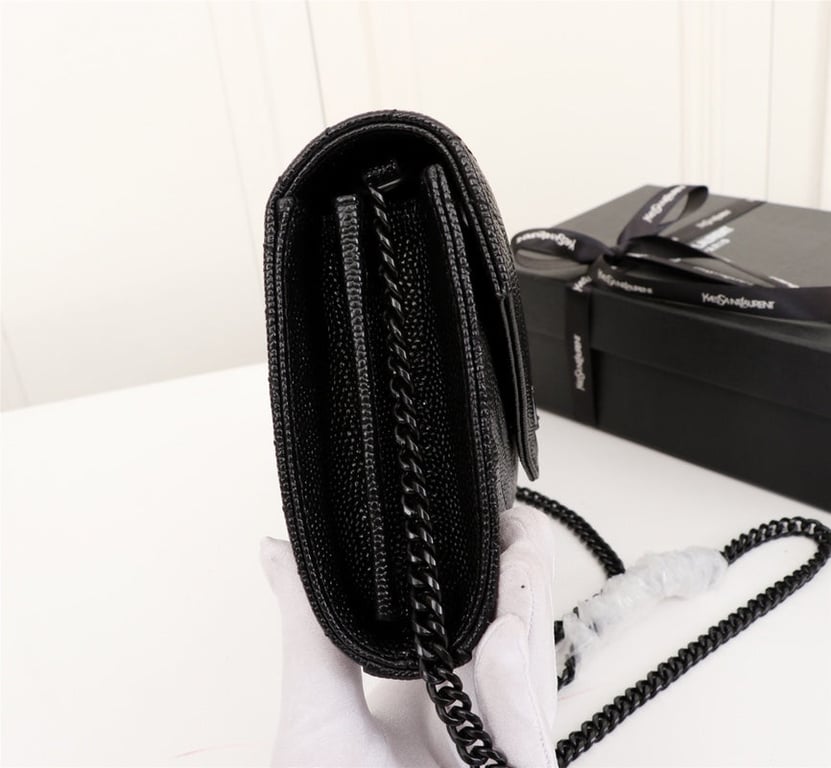 SAINT LAURENT CASSANDRE MATELASSE CHAIN WALLET IN GRAIN DE POUDRE EMBOSSED BLACK NOIR 22CM