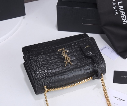 YSL SUNSET MEDIUM CHAIN GAB IN CROCODILE EMBOSSED SHINY BLACK GOLD 22CM 442906DND0J1000