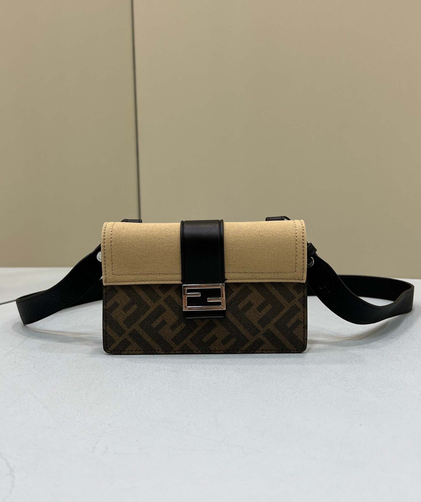 FI Baguette Pouch Brown fabric Black Pouch For Woman 16cm/6in