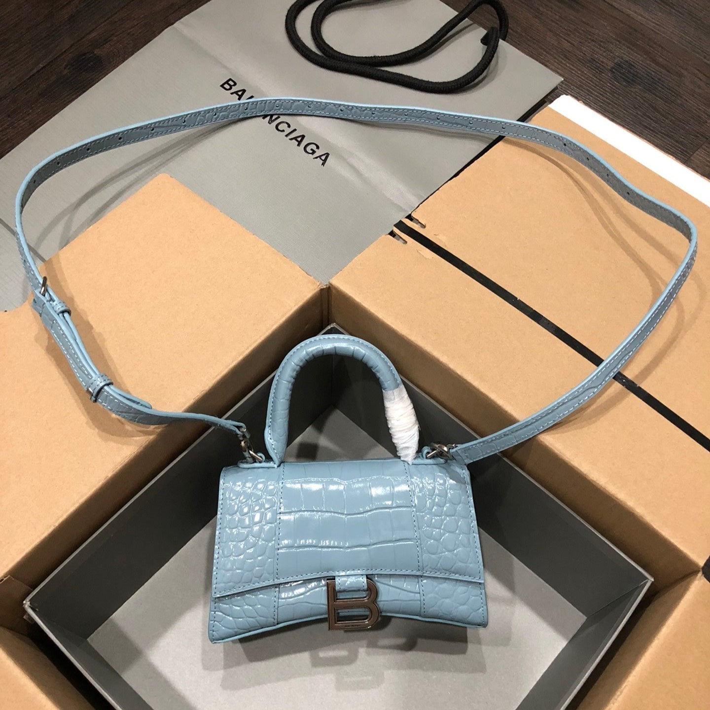 Balenciaga Hourglass bag  light blue crocodile skin