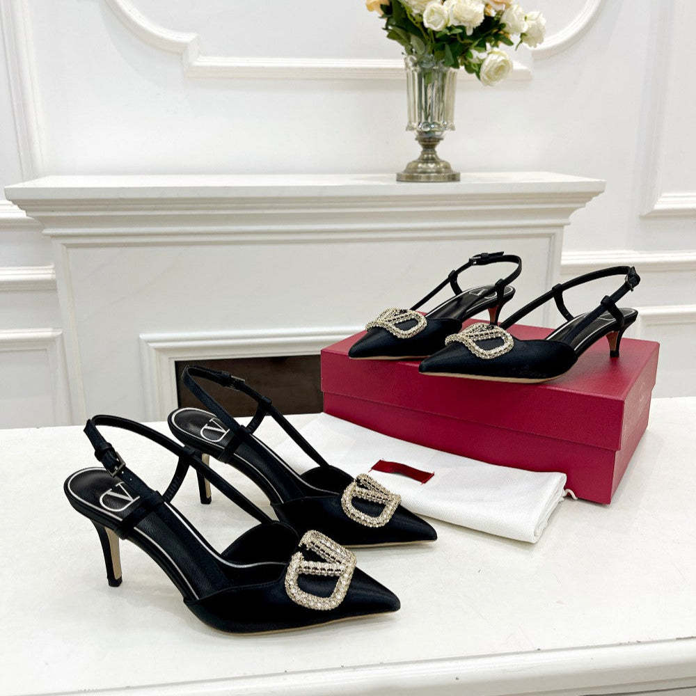 Valentino 25 White Vlogo Signature Slingback Pumps Black Silk 239504