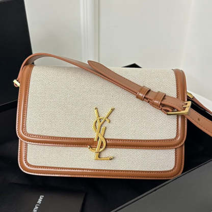 YSL Solferino Small Satchel Bag Brown Beige Gold Calfskin Canvas 339479