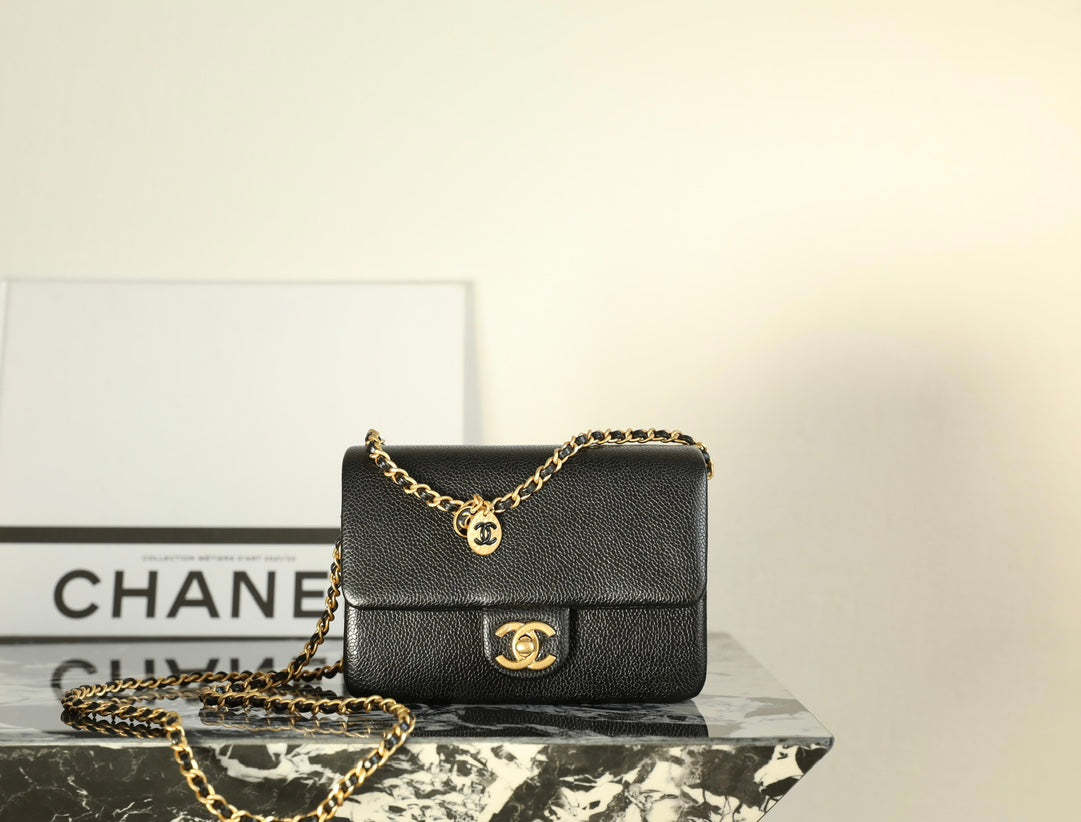 CC Caviar Flap Bag 17.5 Gold Logo Black Calfskin