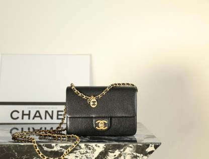 CC Caviar Flap Bag 17.5 Gold Logo Black Calfskin