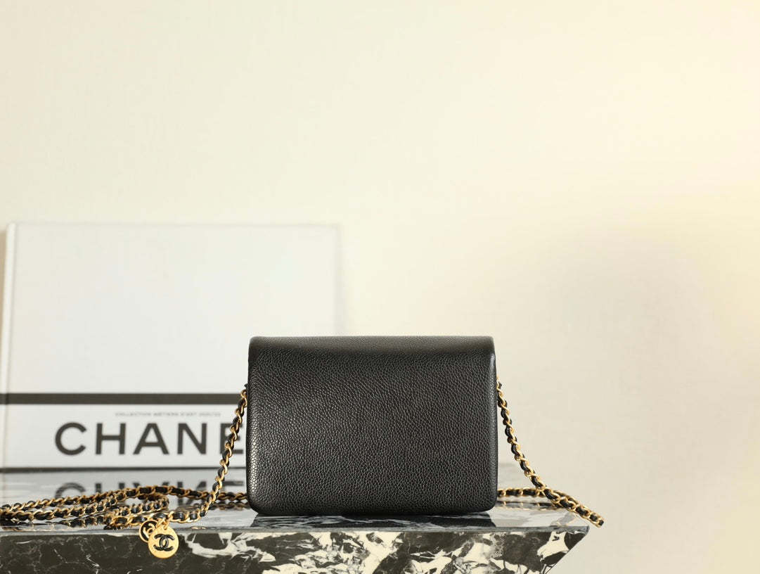 CC Caviar Flap Bag 17.5 Gold Logo Black Calfskin