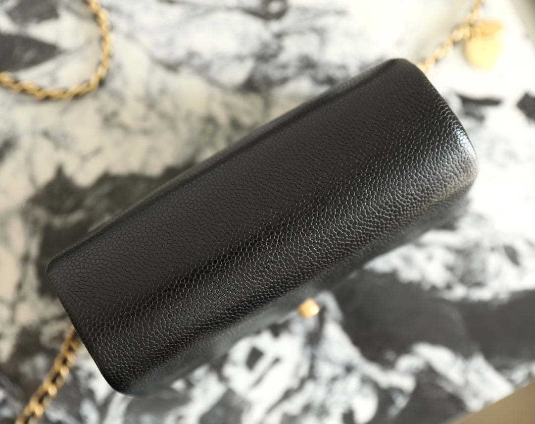 CC Caviar Flap Bag 17.5 Gold Logo Black Calfskin
