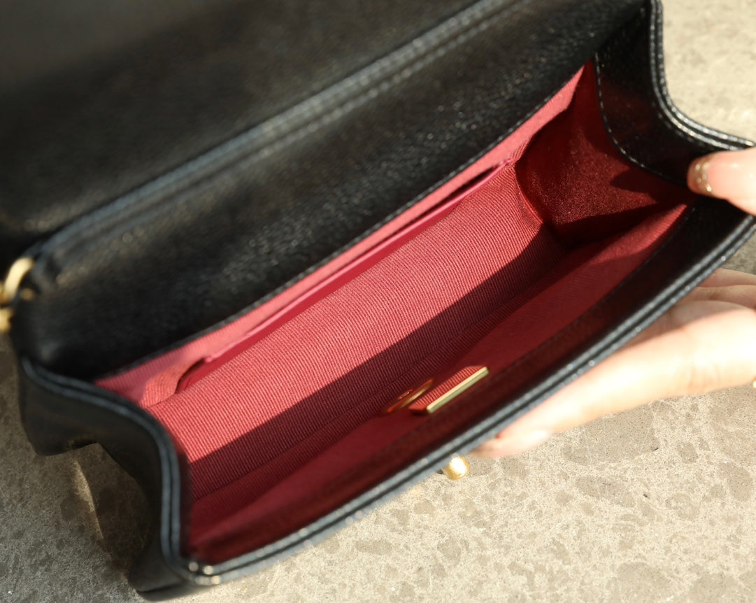 CC Caviar Flap Bag 17.5 Gold Logo Black Calfskin