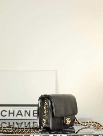 CC Caviar Flap Bag 17.5 Gold Logo Black Calfskin