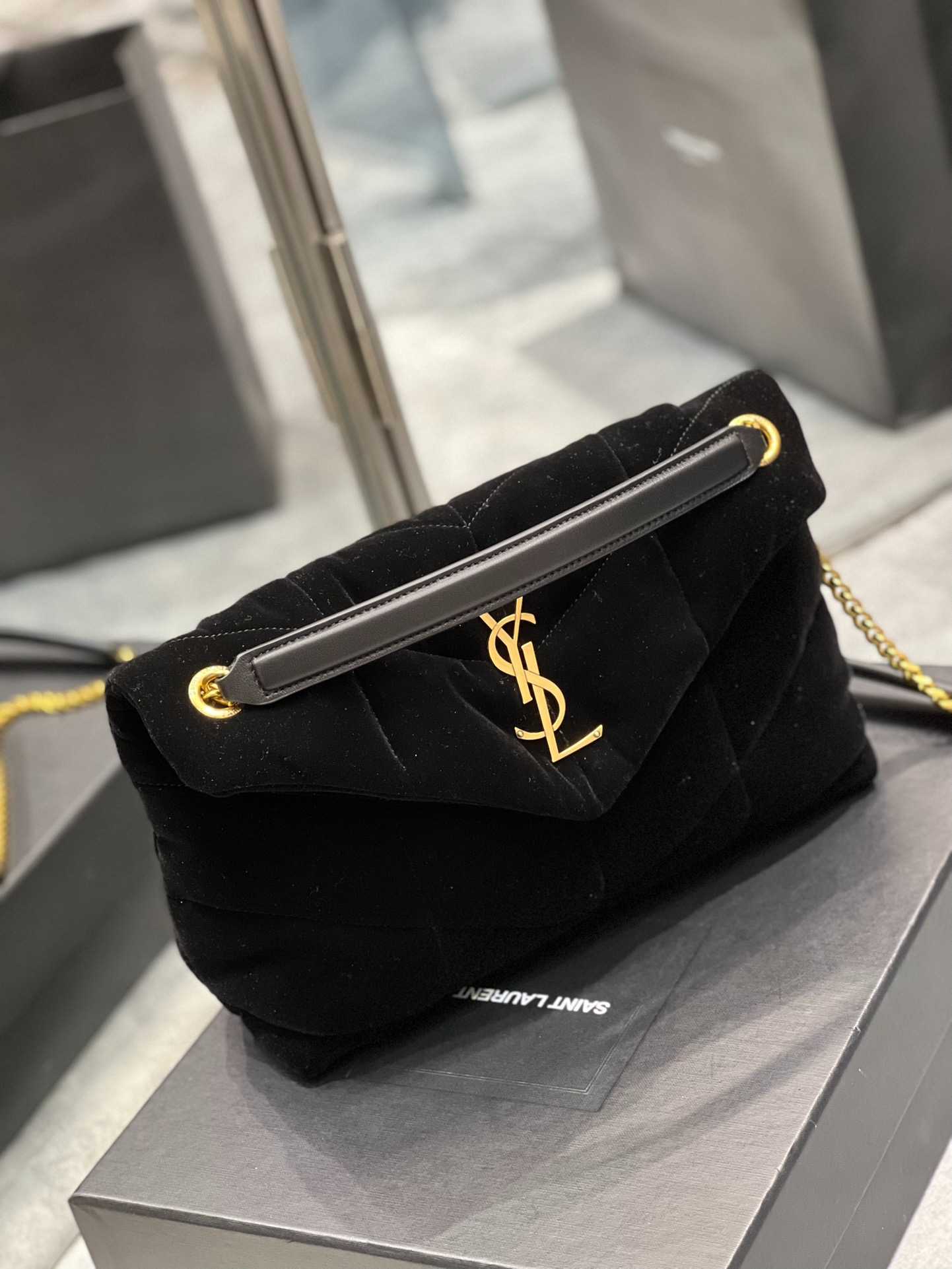 YSL LOU PUFFER TOY BAG IN QUILTED LAMBSKIN BLACK