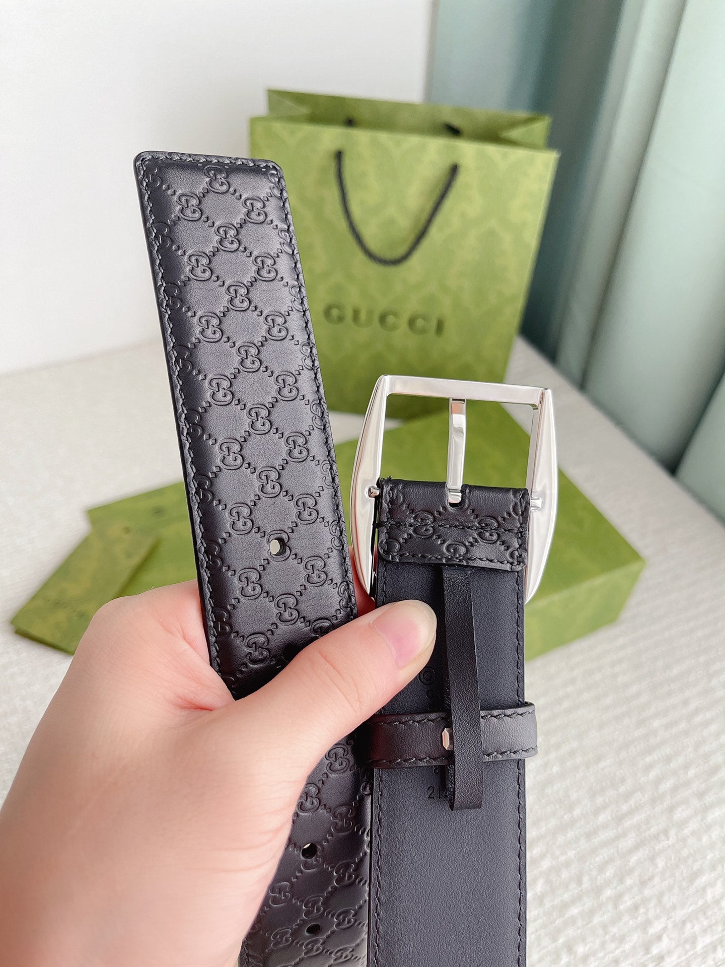 GG CALFSKIN MONOGRAM BLACK BELT SILVER METAL 4CM