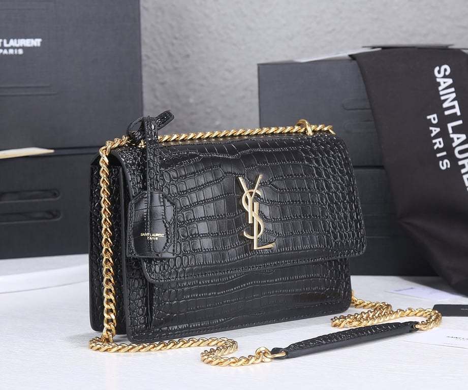SAINT LAURENT SUNSET MEDIUM CHAIN GAB IN CROCODILE EMBOSSED SHINY BLACK GOLD 22CM