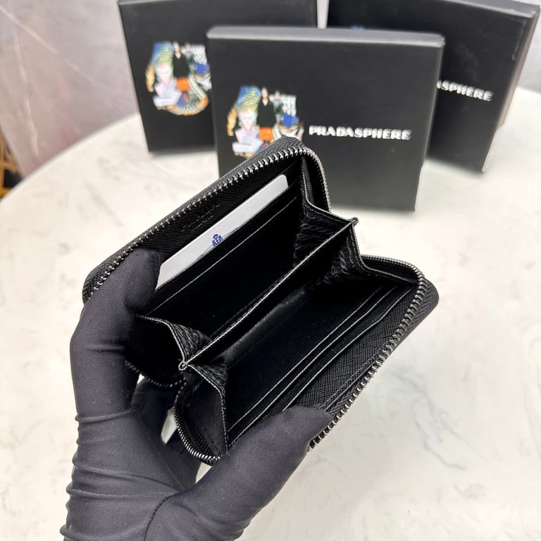 PR SAFFIANO LEATHER COIN PURSE FULL BLACK WALLET 10CM 1MM268 QWA F0016