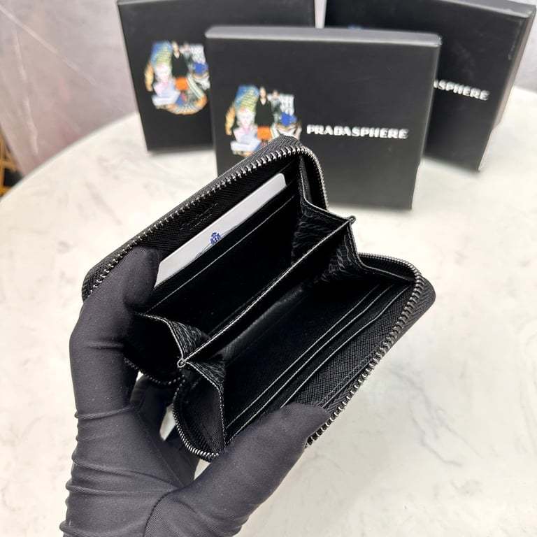 PR SAFFIANO LEATHER COIN PURSE FULL BLACK WALLET 10CM 1MM268 QWA F0016