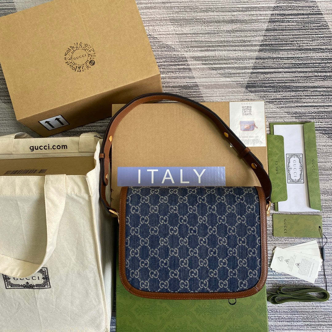 gg Horsebit 1955 Shoulder Bag Blue And Ivory For Women, Women’s Bags 9.8in/25cm gg