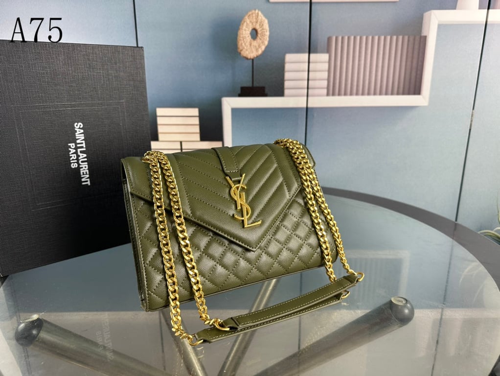 SAINT LAURENT ENVELOPE MEDIUM CHAIN BAG IN SUPPLE MATELASSE LEATHER GREEN GOLD 24CM