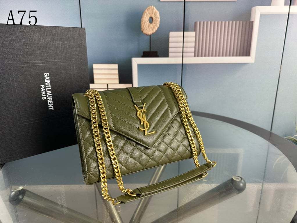 SAINT LAURENT ENVELOPE MEDIUM CHAIN BAG IN SUPPLE MATELASSE LEATHER GREEN GOLD 24CM