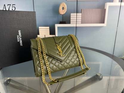 SAINT LAURENT ENVELOPE MEDIUM CHAIN BAG IN SUPPLE MATELASSE LEATHER GREEN GOLD 24CM