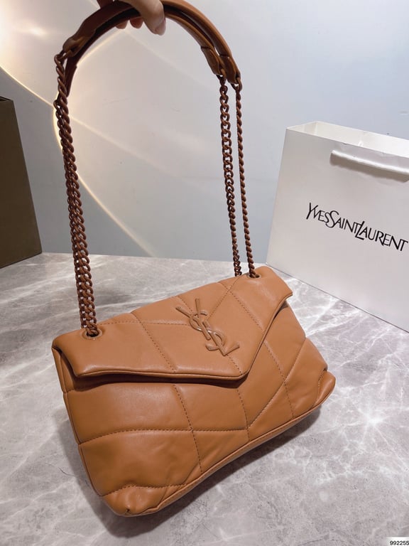 SAINT LAURENT PUFFER SMALL CHAIN BAG IN QUILTED LAMBSKIN DARK HONEY 5774761EL077724