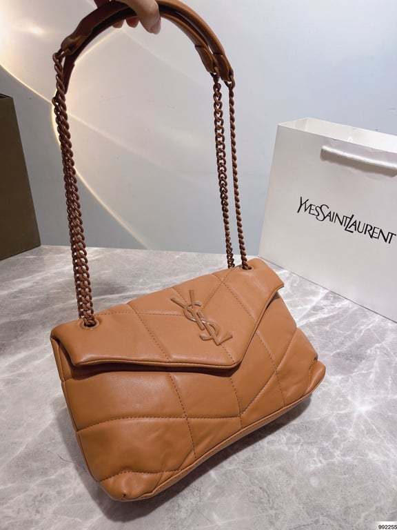 SAINT LAURENT PUFFER SMALL CHAIN BAG IN QUILTED LAMBSKIN DARK HONEY 5774761EL077724