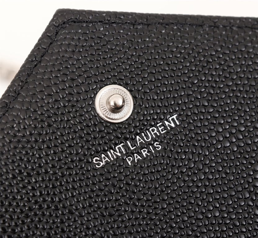 SAINT LAURENT CASSANDRE MATELASSE CHAIN WALLET IN GRAIN DE POUDRE EMBOSSED BLACK SILVER 22CM